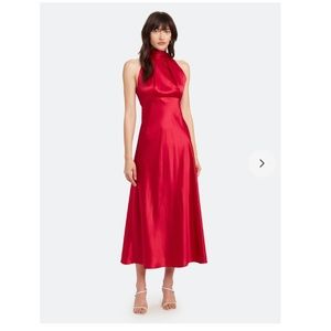 SALONI Red Midi Silk Halter dress